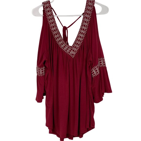 Simply Emma 2X Red Cold Shoulder Bell Sleeve V-Neck Embroider Tunic Top RW10334 - Picture 10 of 10